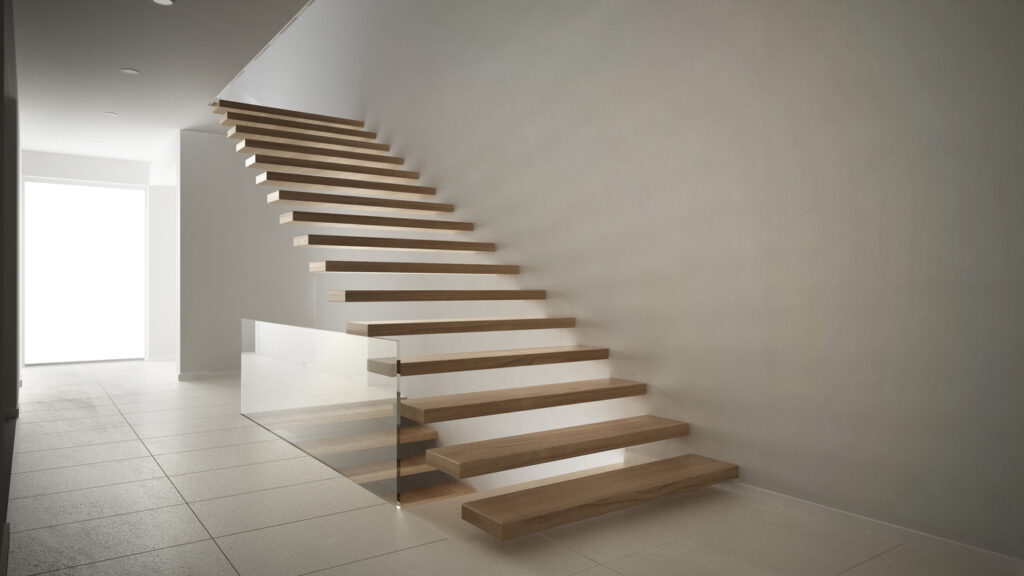 Floating staircase in a light minimalist home.